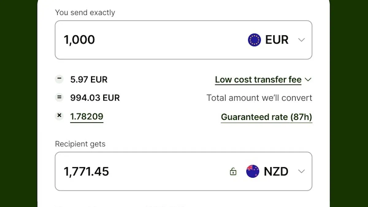 Overzicht van de lage kosten van geld overmaken via Wise: berekening van 20 januari 2024 van Euro naar Nieuw-Zeelandse dollars