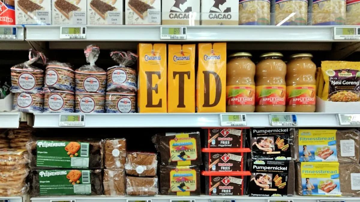 Schappen vol met Nederlandse producten in een Nieuw-Zeelandse supermarkt