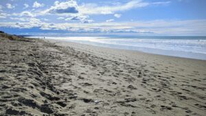 Strand bij New Brighton in Christchurch. Mooi zonnige blauwe lucht en een praktisch verlaten strand.